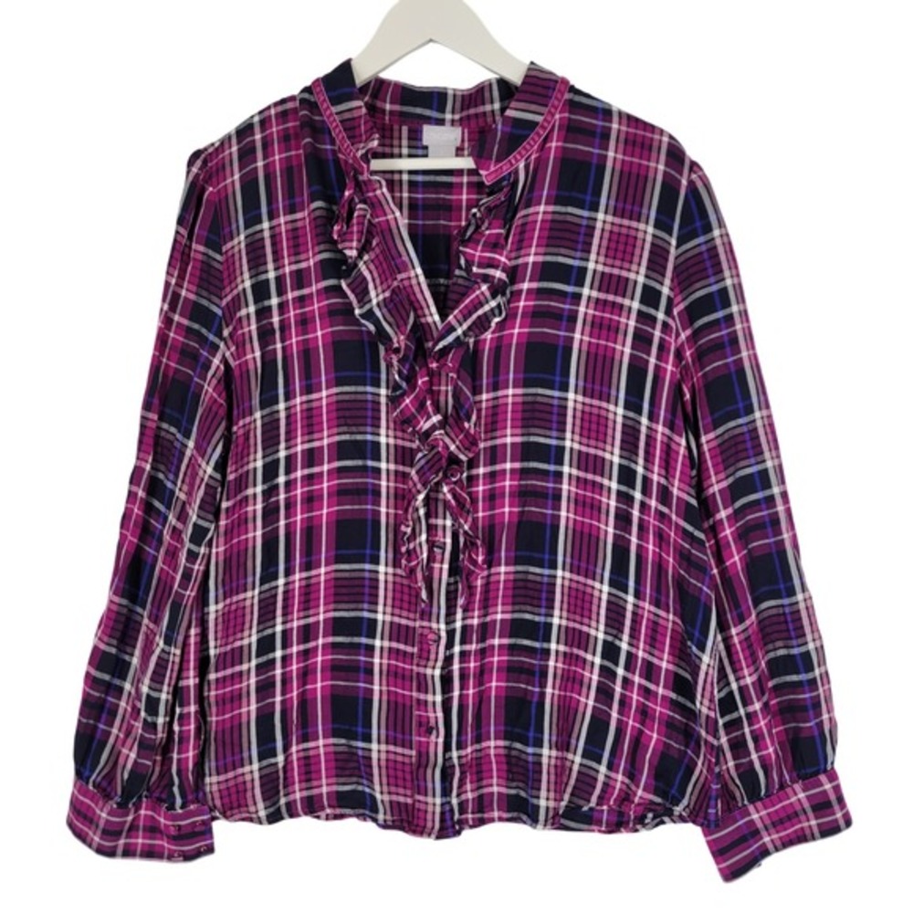 Chicos Plaid Ruffle Front Button Up‎ Shirt Women's Size 3 Pink Black Blue